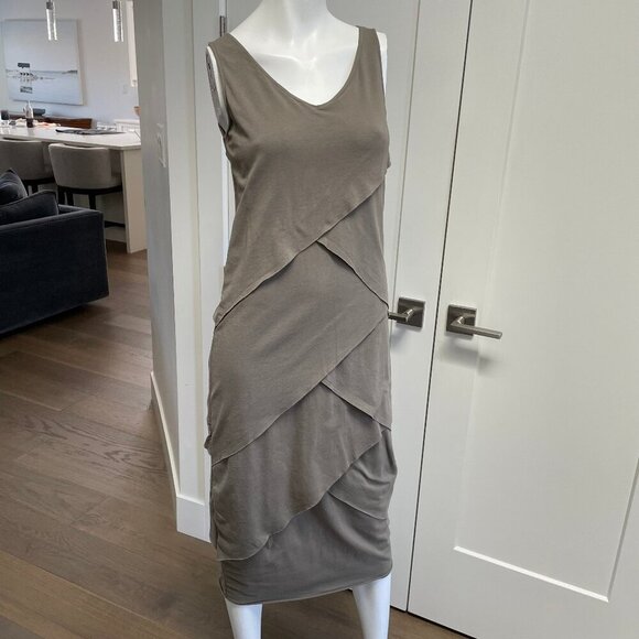 Neon Buddha Boho Slvless VNeck Asymetrical Layer Cotton Midi Dress Grn/Taupe S - Picture 1 of 8